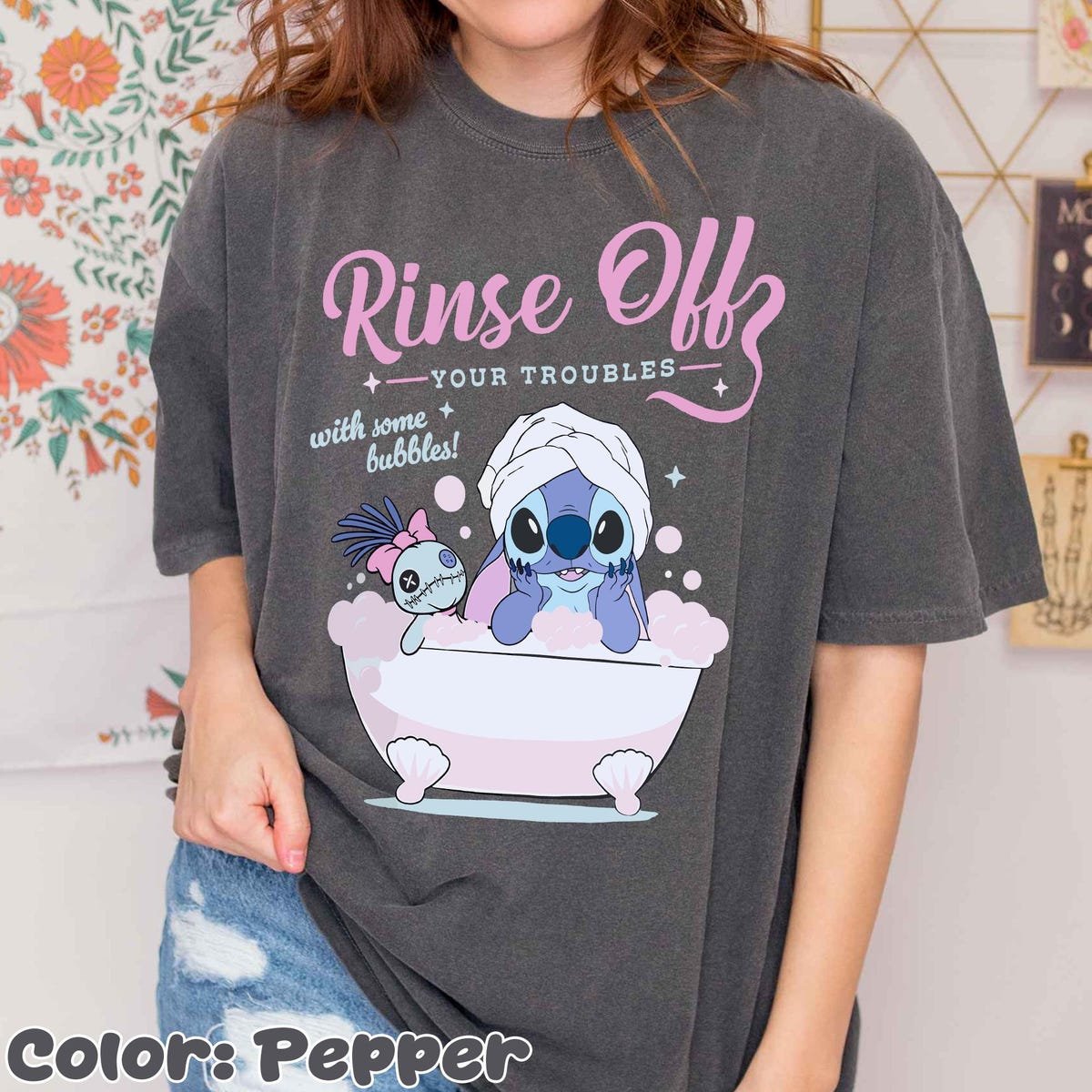 Disney Stitch Bath Shirt Rinse Off Troubles Tee Self Care Lilo & Stitch