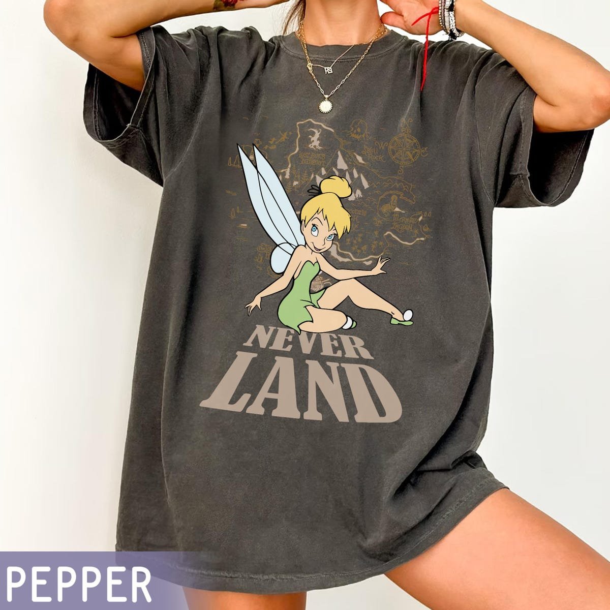 Disney Tinker Bell Never Land Shirt Peter Pan Map Tee Fantasyland Adventure