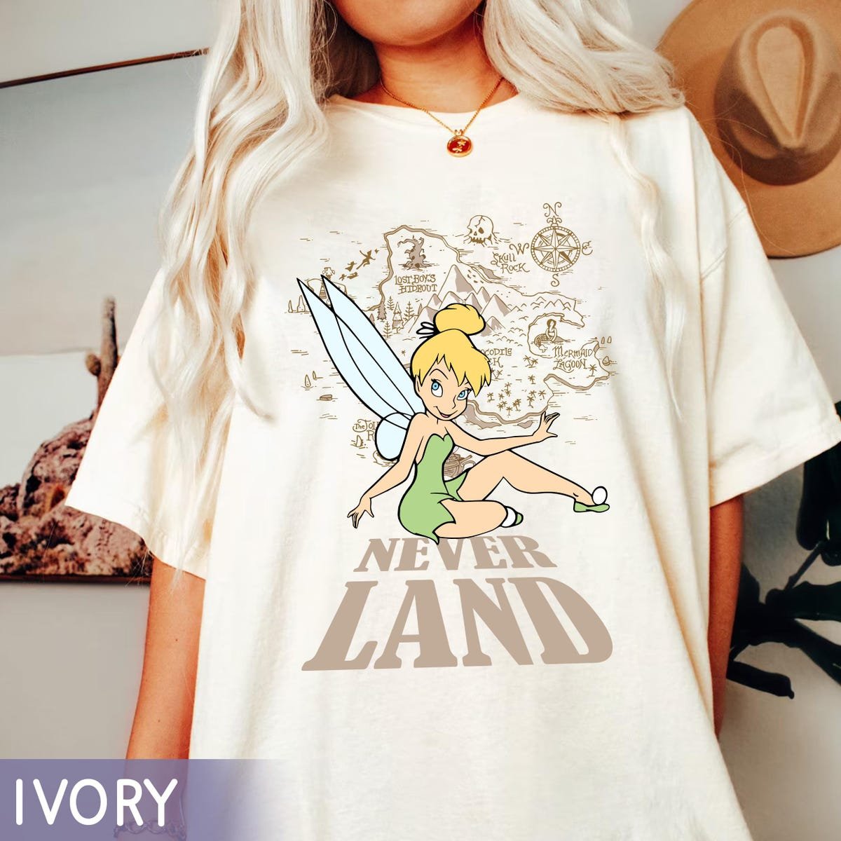 Disney Tinker Bell Never Land Shirt Peter Pan Map Tee Fantasyland Adventure