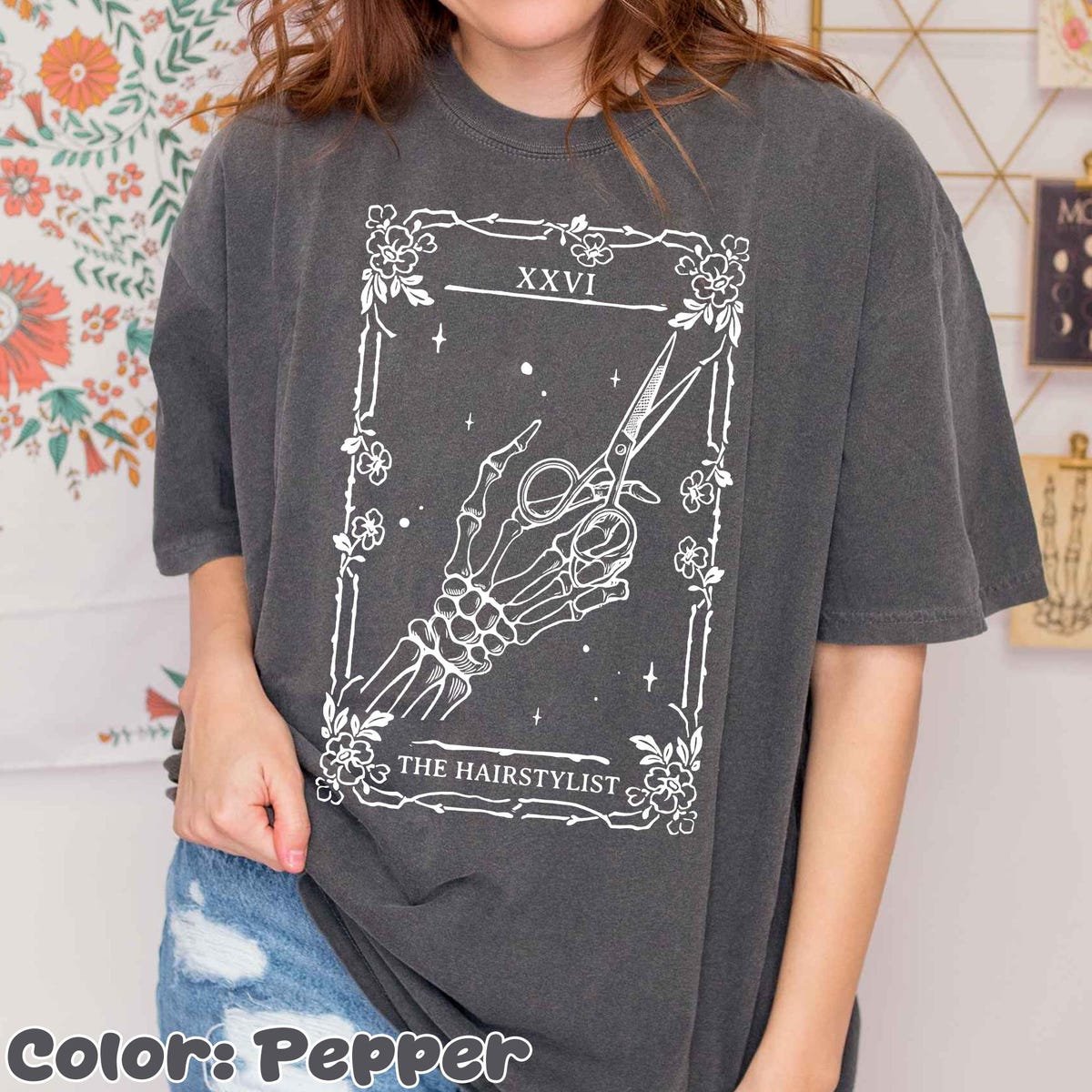 Hair Stylist Halloween Shirt Skeleton Hand Scissors Tarot Tee
