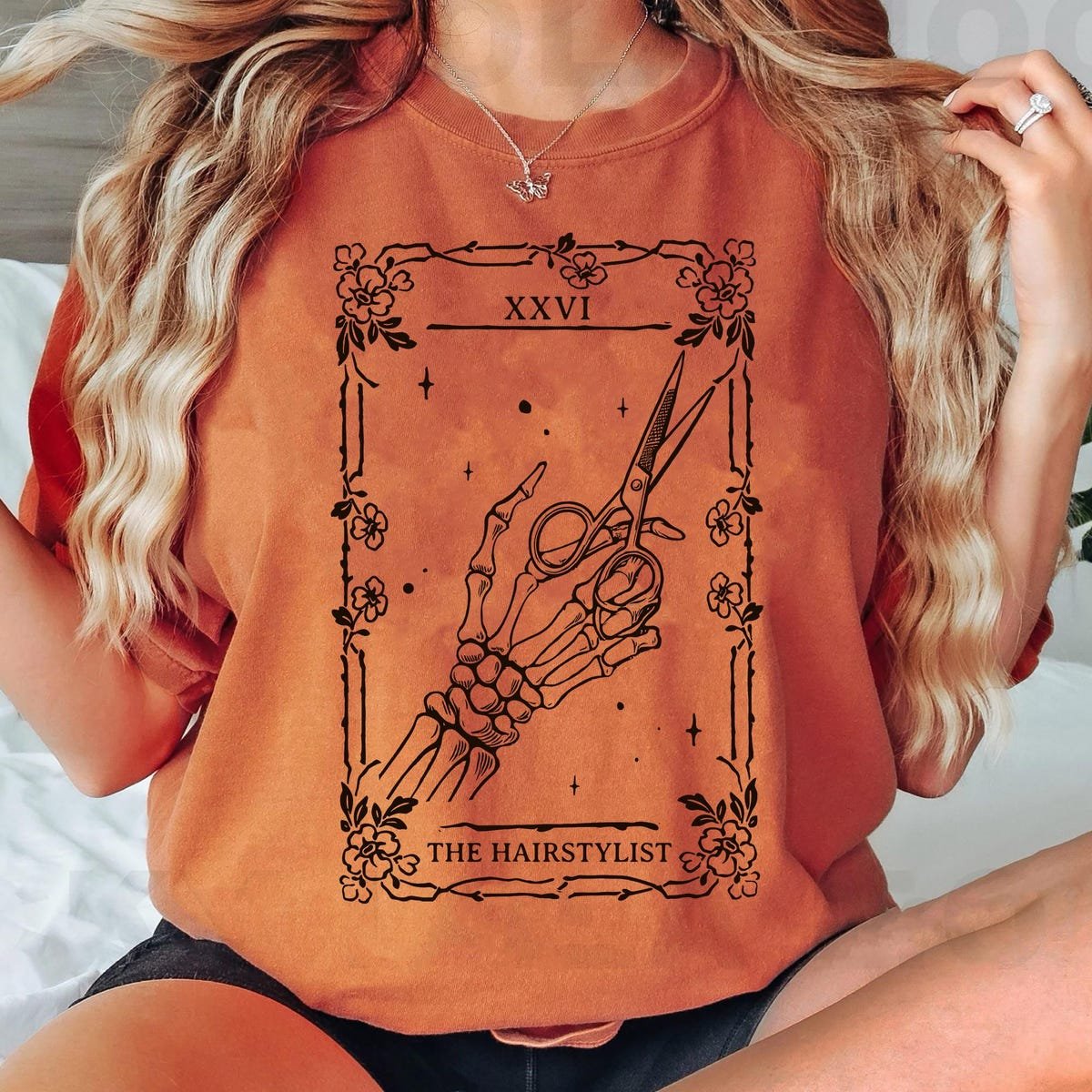 Hair Stylist Halloween Shirt Skeleton Hand Scissors Tarot Tee