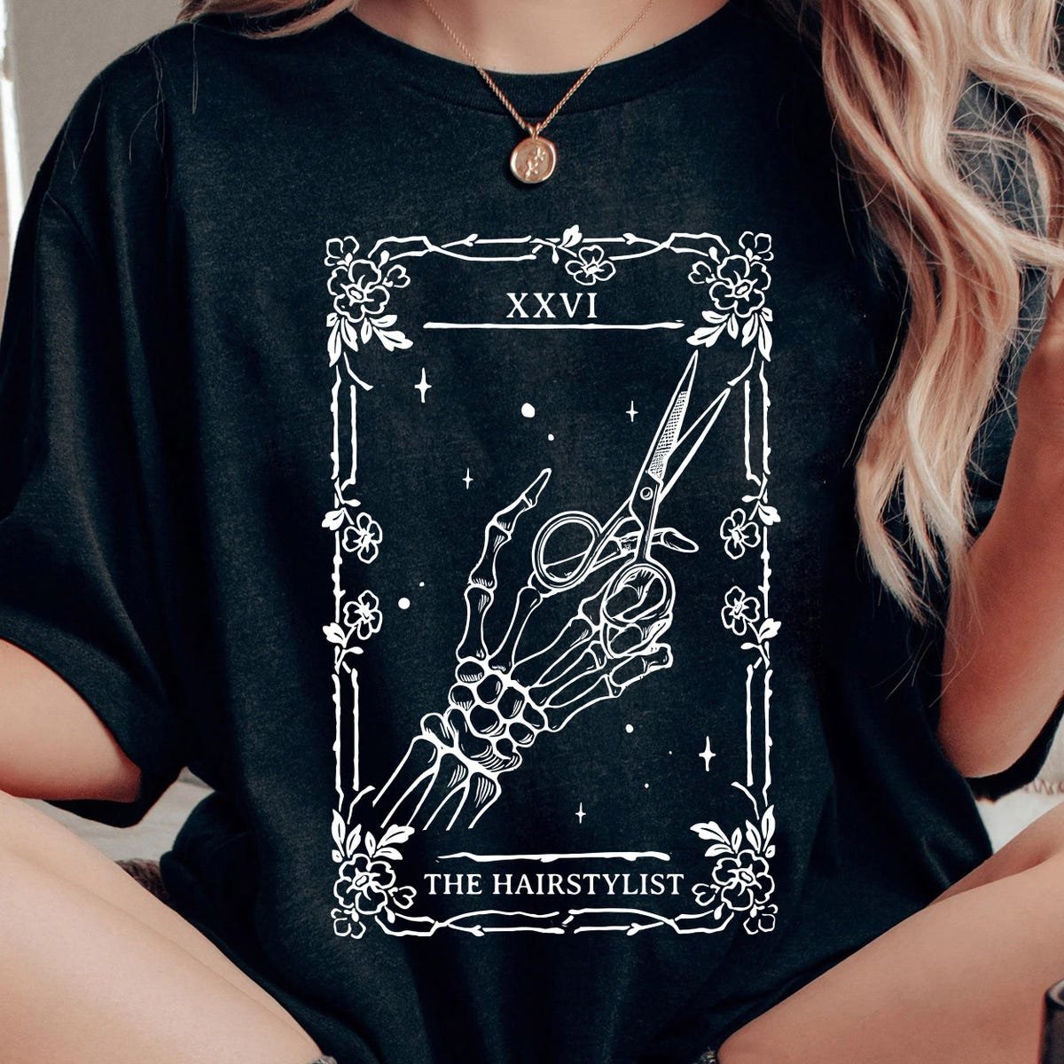 Hair Stylist Halloween Shirt Skeleton Hand Scissors Tarot Tee