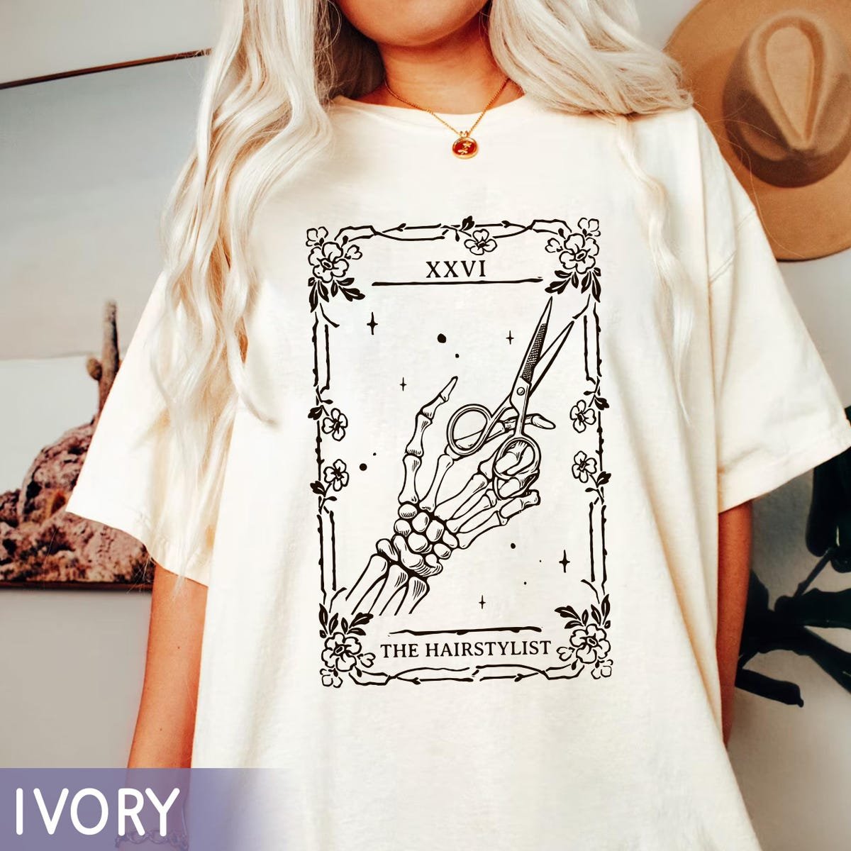 Hair Stylist Halloween Shirt Skeleton Hand Scissors Tarot Tee
