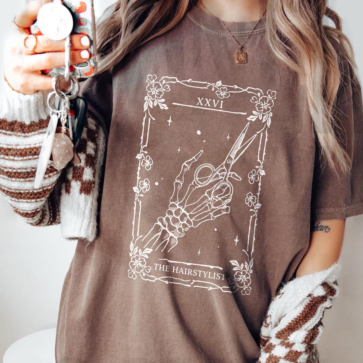 Hair Stylist Halloween Shirt Skeleton Hand Scissors Tarot Tee