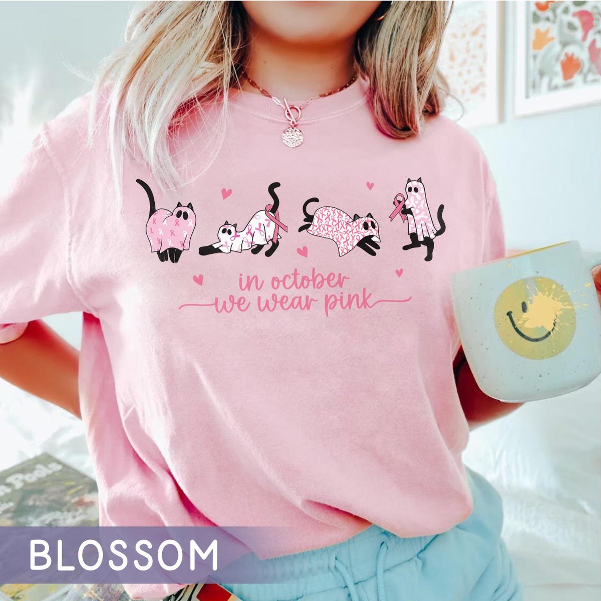 Pink Cat Shirt for Breast Cancer Awareness Cute Halloween Tee