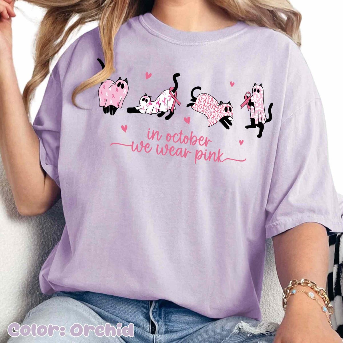 Pink Cat Shirt for Breast Cancer Awareness Cute Halloween Tee