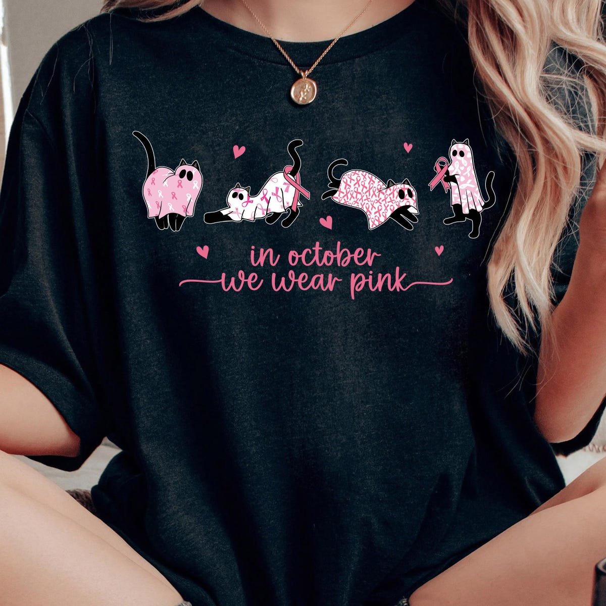 Pink Cat Shirt for Breast Cancer Awareness Cute Halloween Tee