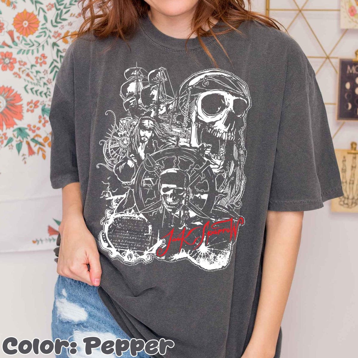 Pirates Caribbean Jack Sparrow Shirt Vintage Skull Graphic Tee