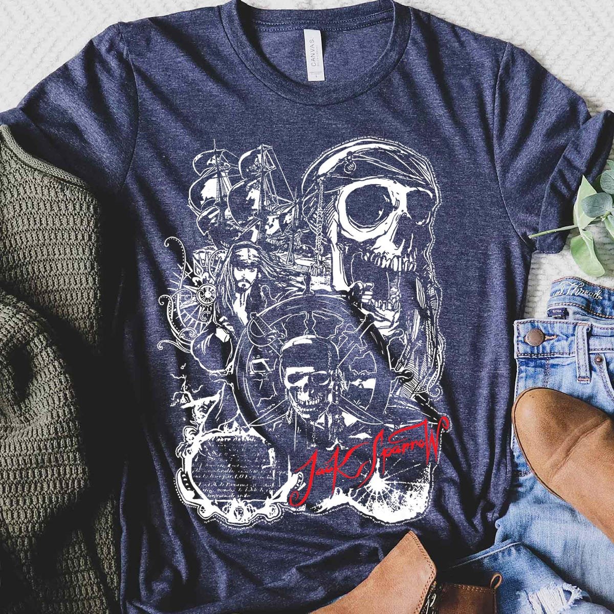 Pirates Caribbean Jack Sparrow Shirt Vintage Skull Graphic Tee