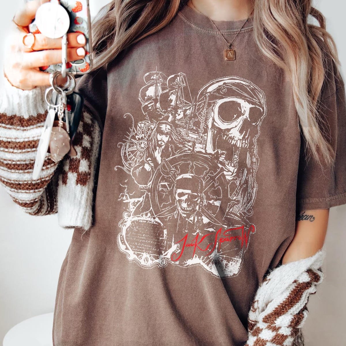 Pirates Caribbean Jack Sparrow Shirt Vintage Skull Graphic Tee