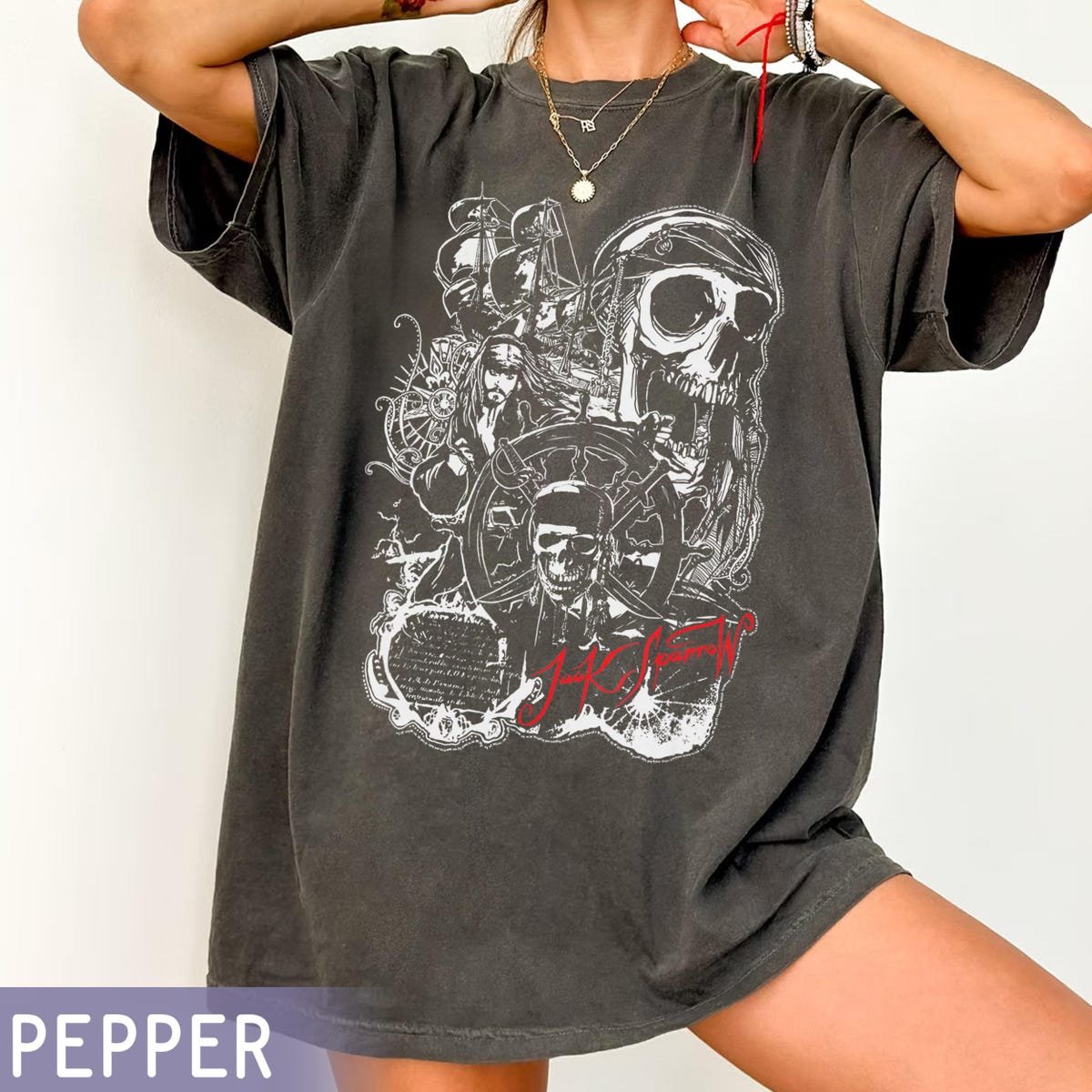 Pirates Caribbean Jack Sparrow Shirt Vintage Skull Graphic Tee