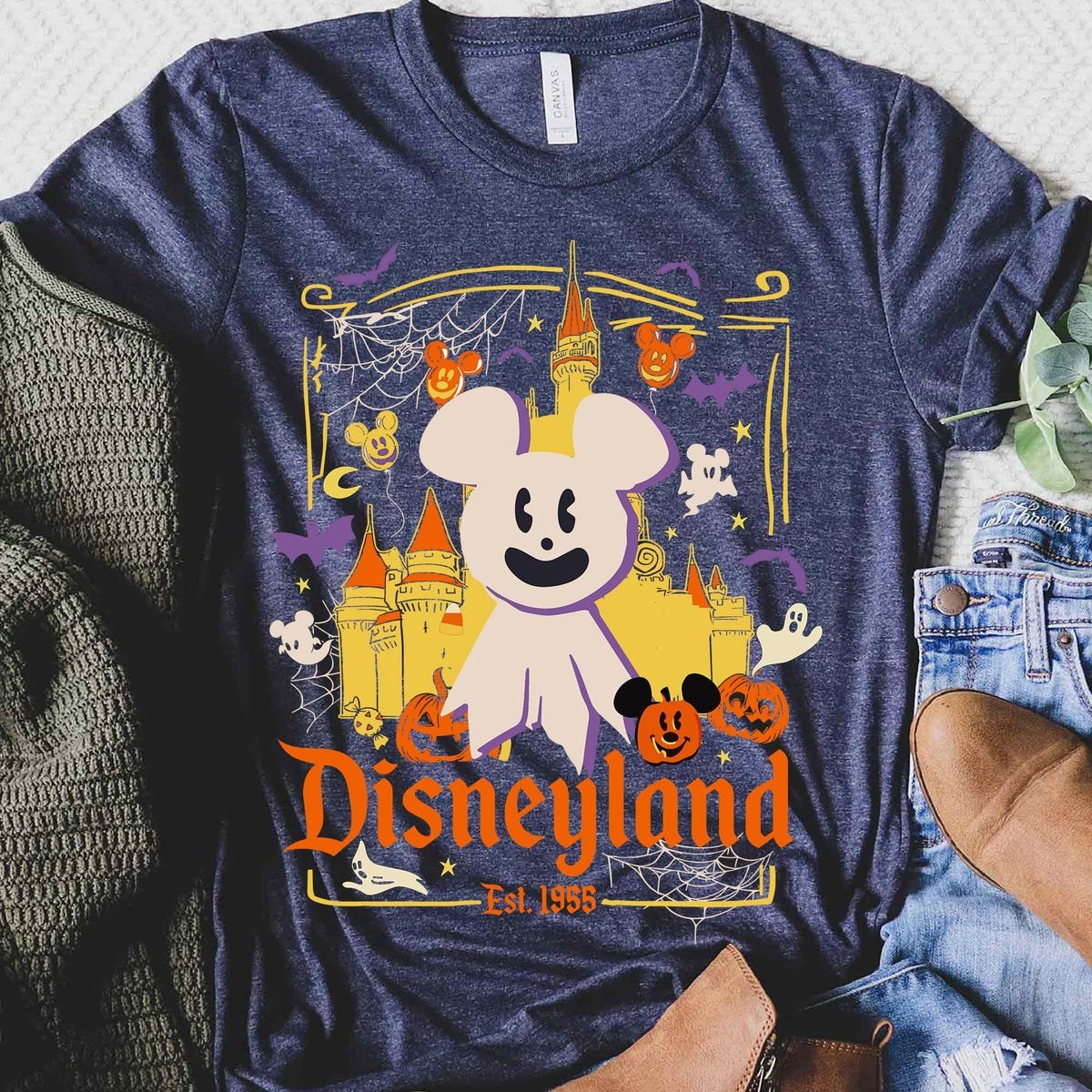 Vintage Disneyland Halloween Shirt Mickey Ghost Pumpkin Tee 1955 Graphic