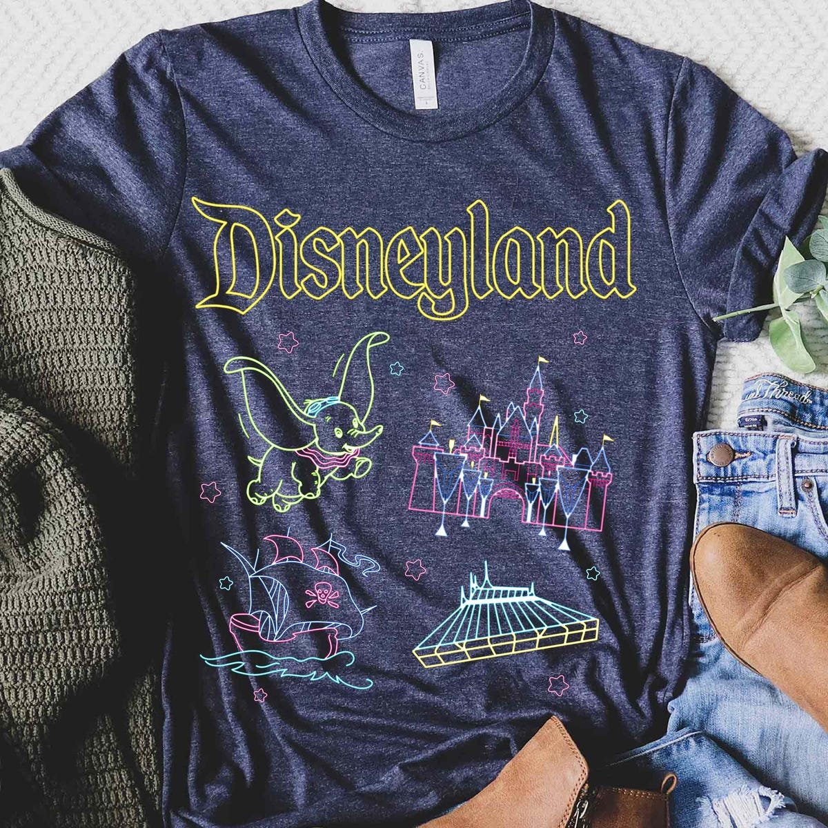 Vintage Disneyland Icons Shirt Space Mountain Dumbo Retro Graphic Tee