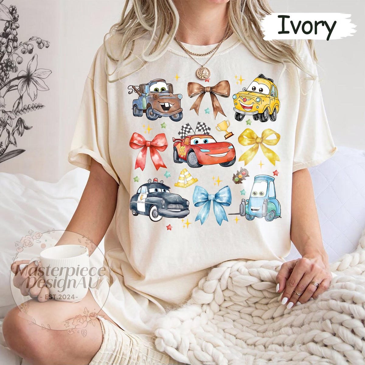 Disney Cars Shirt Retro Coquette Bows Lightning McQueen Tow Mater