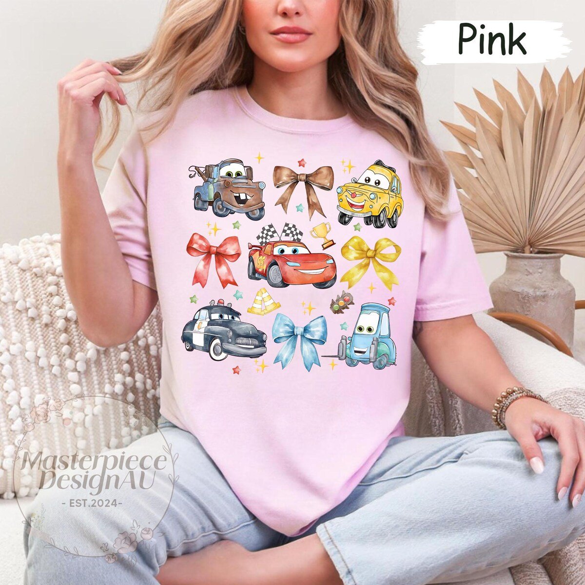 Disney Cars Shirt Retro Coquette Bows Lightning McQueen Tow Mater