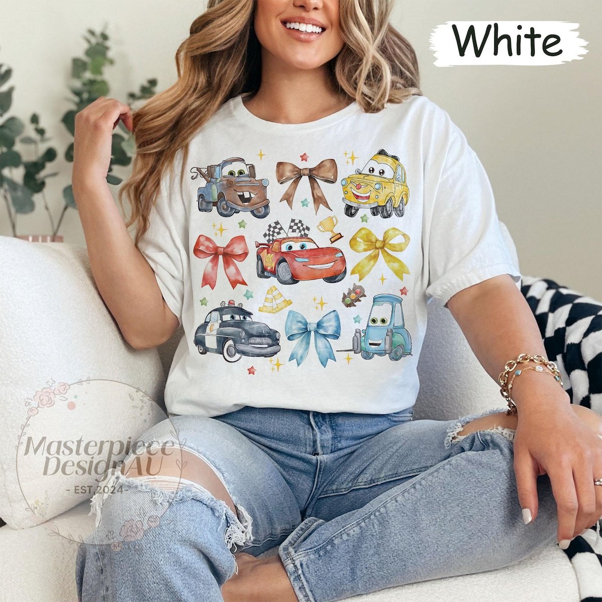 Disney Cars Shirt Retro Coquette Bows Lightning McQueen Tow Mater