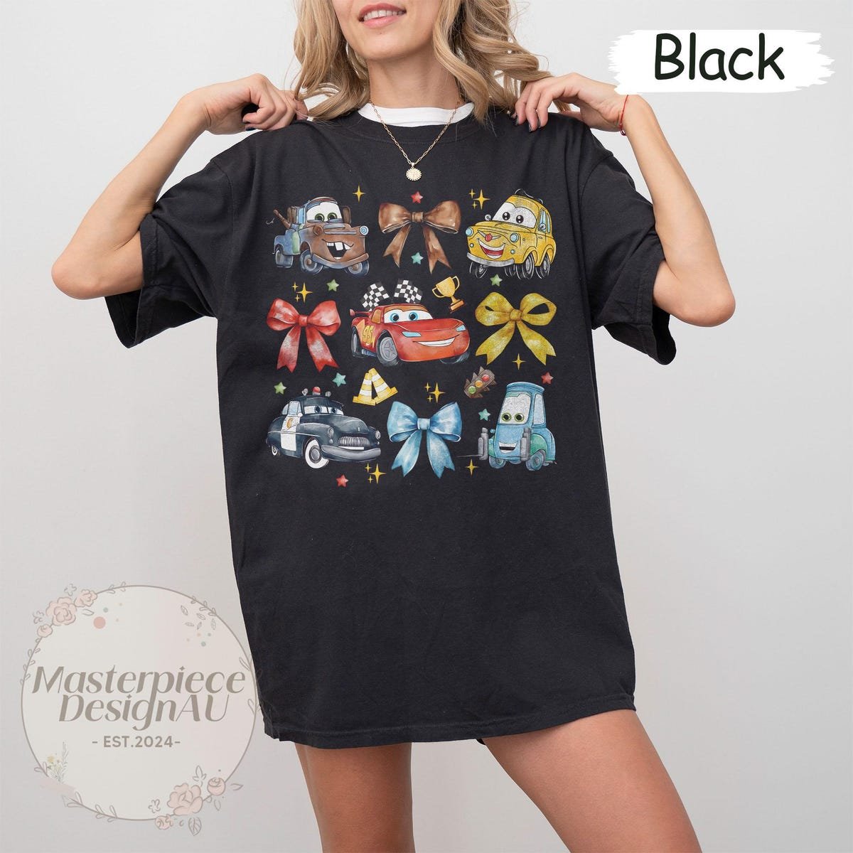 Disney Cars Shirt Retro Coquette Bows Lightning McQueen Tow Mater